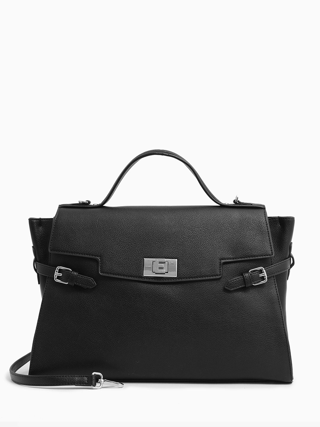 Сэтчел-трапеция в размере L с поворотной фурнитурой в виде буквы "E" от ERMANNO FIRENZE чёрного цвета